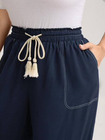 Contrast Thread Detail Wide-Leg Pants