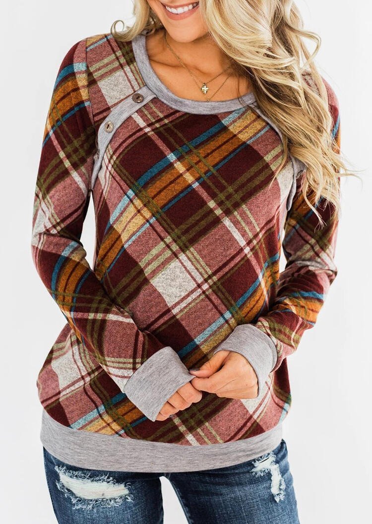 Round Collar Button Plaid Long Sleeve T-shirt