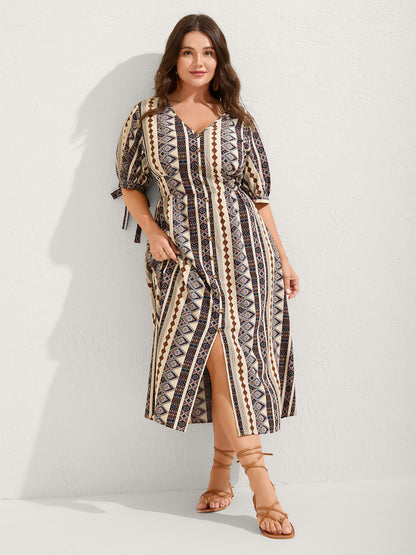 Geometric Stripes Button Detail Midi Dress