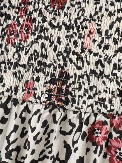 Leopard Floral Print Shirred Blouse
