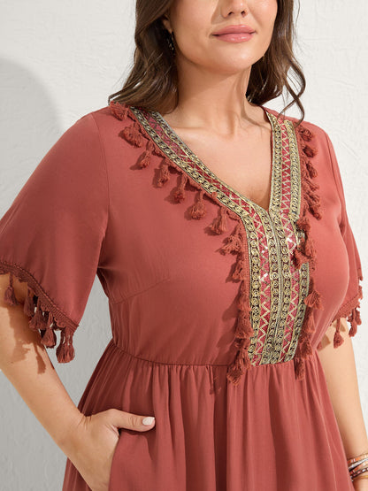 Rayon Stretchy Waist Pockets Midi Dress