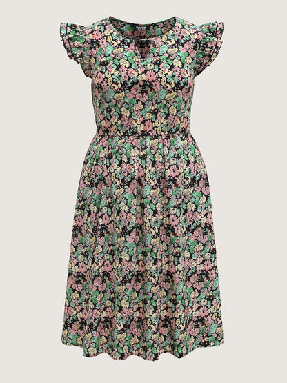 Floral Layered Ruffled Sleeve Midi Dress