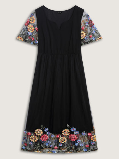 Colorful Floral Sheer Sleeve Cinched Midi Dress