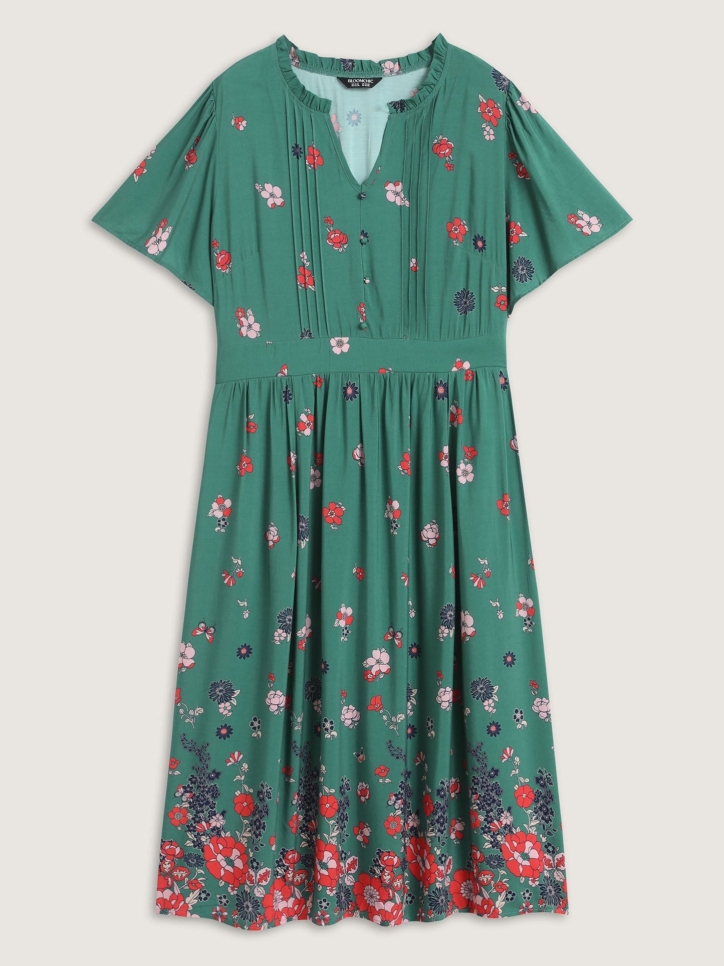 Floral Pleated Notched Collar Midi Dress