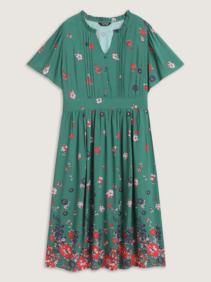 Floral Pleated Notched Collar Midi Dress