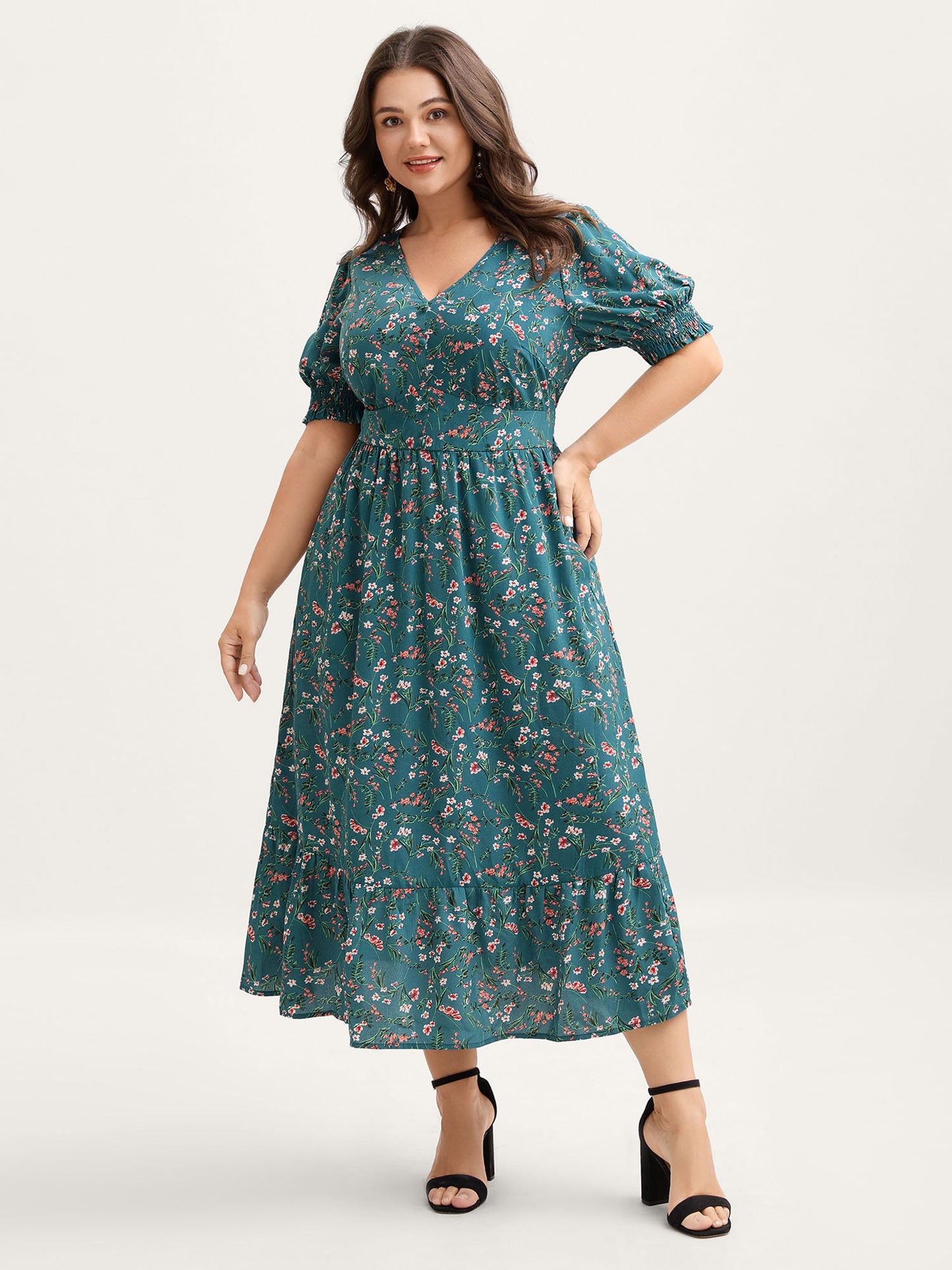 Retro Floral Print Button Detail Midi Dress
