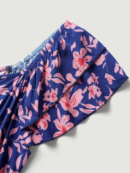 Rayon Silhouette Flower Ruffled Sleeve Midi Dress