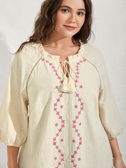 Cotton Lace Embroidered Shirred Neck-Tie Blouse