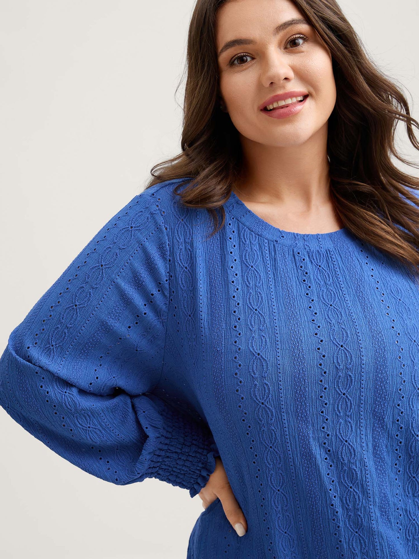 Eyelet Trim Stretchy Plain Knit Top