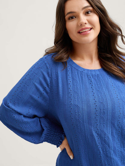 Eyelet Trim Stretchy Plain Knit Top