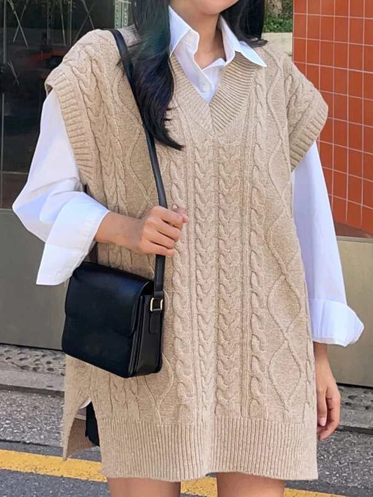 Split Hem Cable Knit Sweater Vest Without Blouse