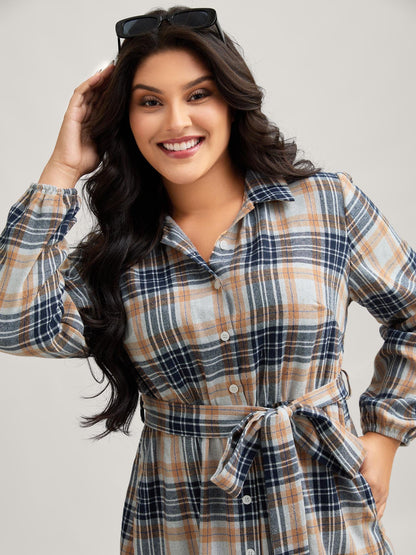Plaid Print Belted Waist-Defining Midi Dress
