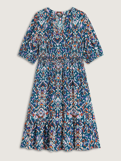 Abstract Print Shirred Waist Midi Dress