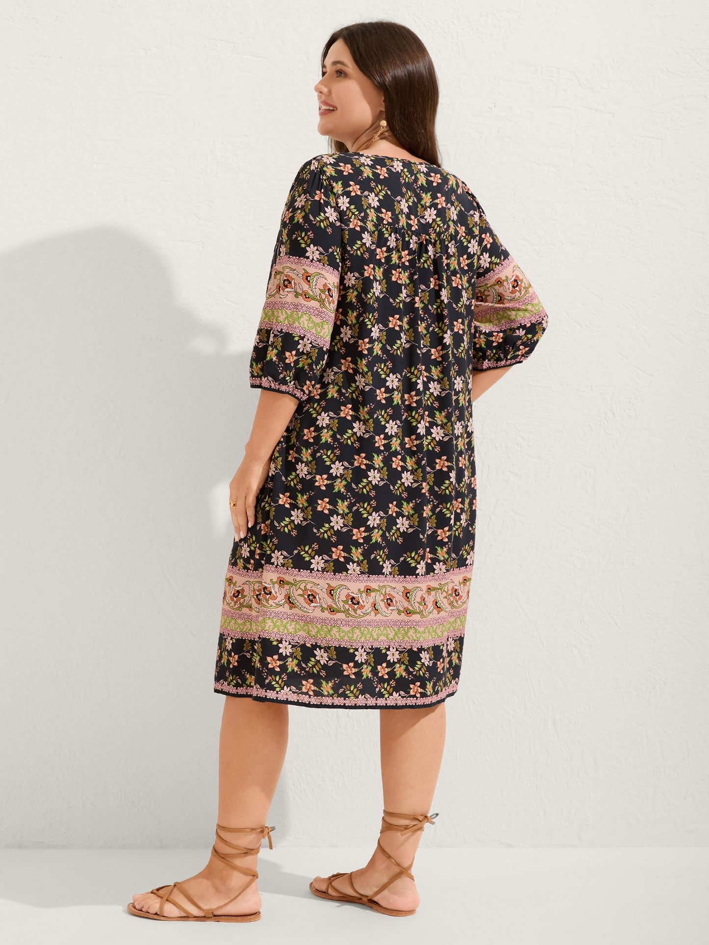 Floral Print Puffy Sleeve Pleated Midi Dress