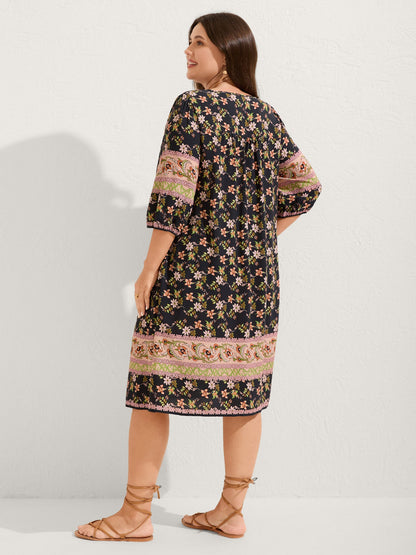 Floral Print Puffy Sleeve Pleated Midi Dress