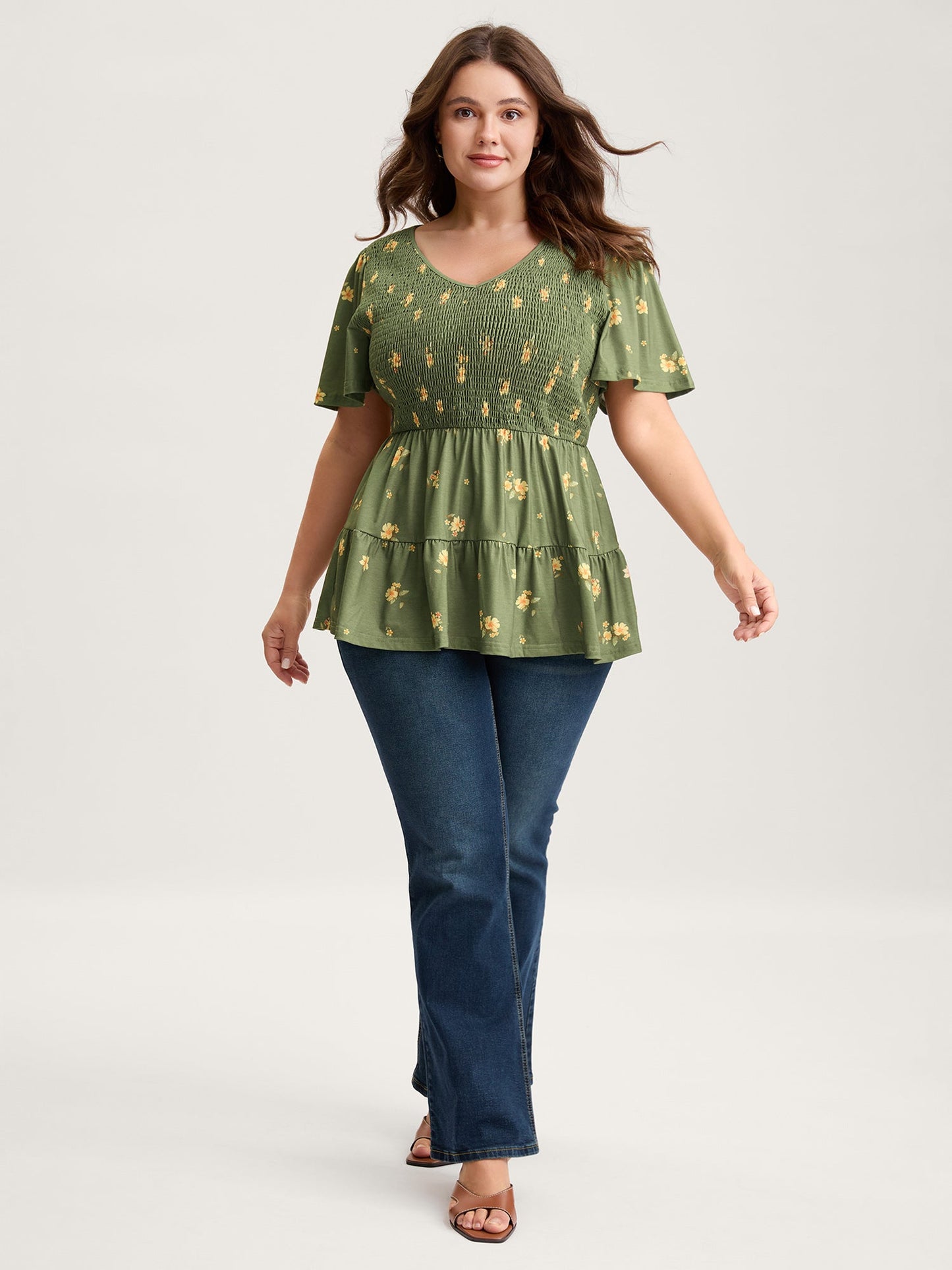 Floral Shirred Tiered Knit Top