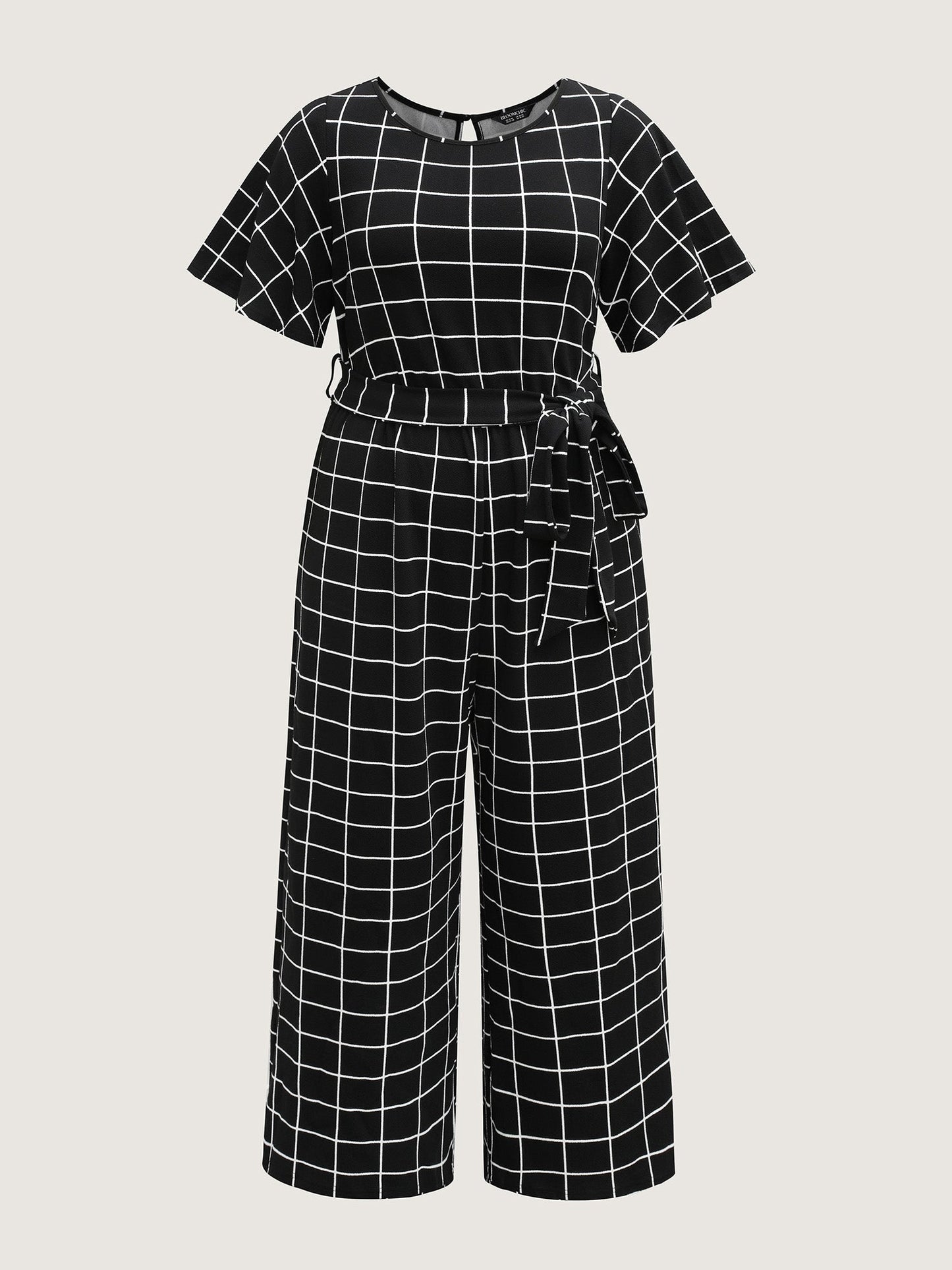Grid Print Cinched Belted Waist Jumpsuit