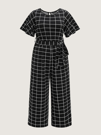 Grid Print Cinched Belted Waist Jumpsuit