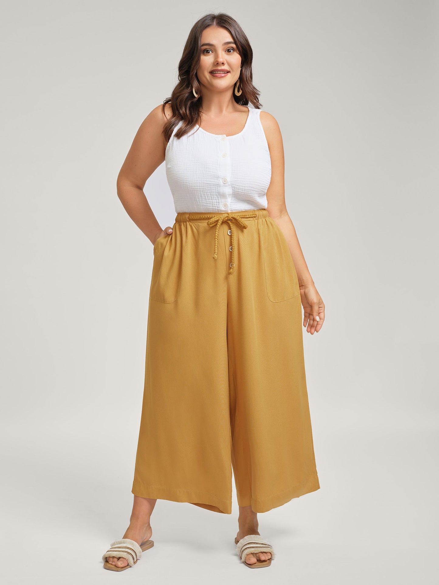 Waist-Tie Ornaments Button Detail Wide-Leg Pants