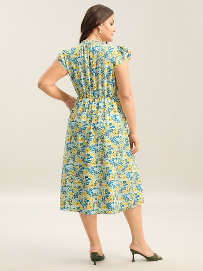 Floral Print Shirred Pockets Midi Dress