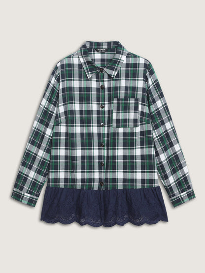 Cotton Embroidery Plaid Spliced Blouse