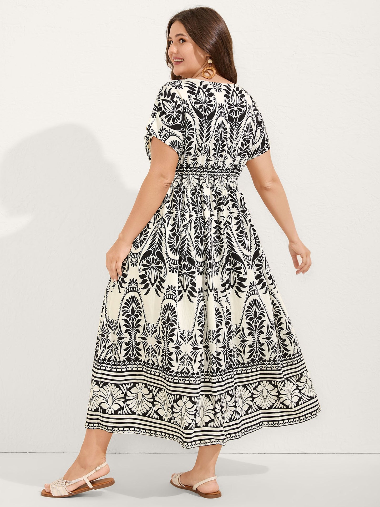 Floral Print Shirred Waist Midi Dress