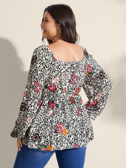 Leopard Floral Print Shirred Blouse