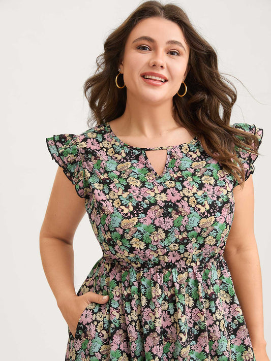 Floral Layered Ruffled Sleeve Midi Dress