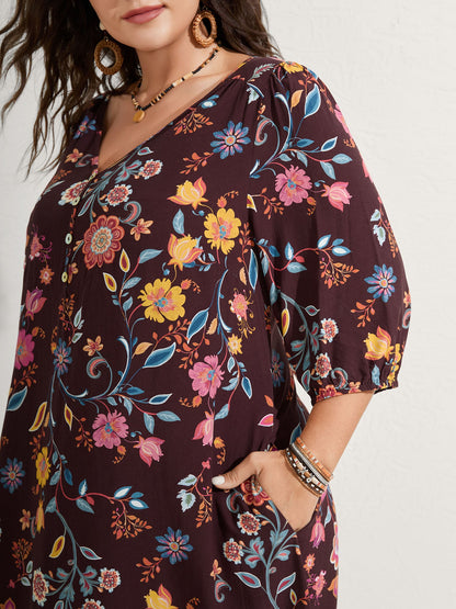Rayon Boho Floral Placket Midi Dress