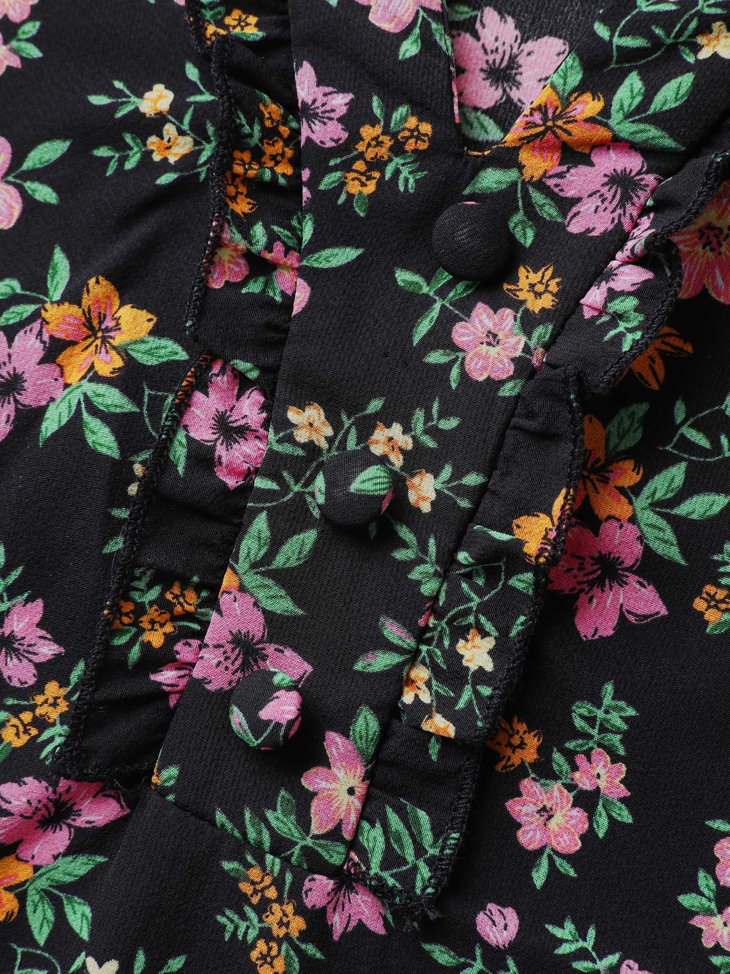 Floral Print Ruffled Neckline Flowy Blouse