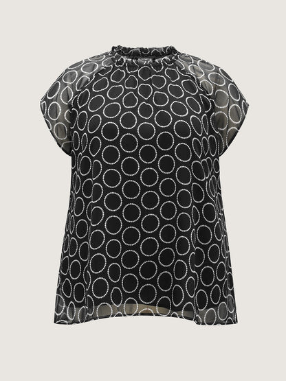 Polka Dot Mock Neck Mesh Patchwork Blouse