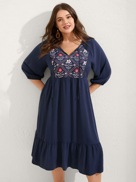 Floral Embroidery Pockets Midi Dress