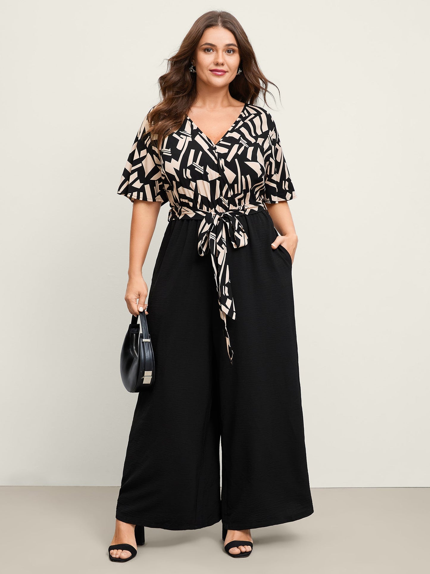 Geometric Pattern Contrast Pockets Jumpsuit