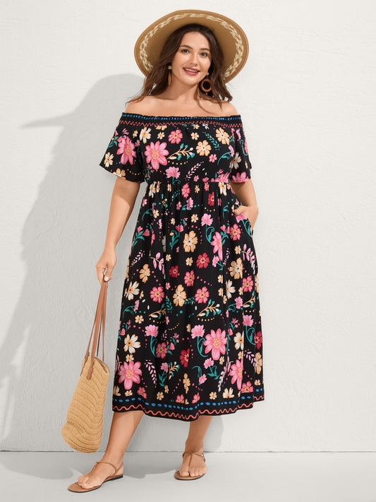 Rayon Floral Shirred Off-Shoulder Midi Dress