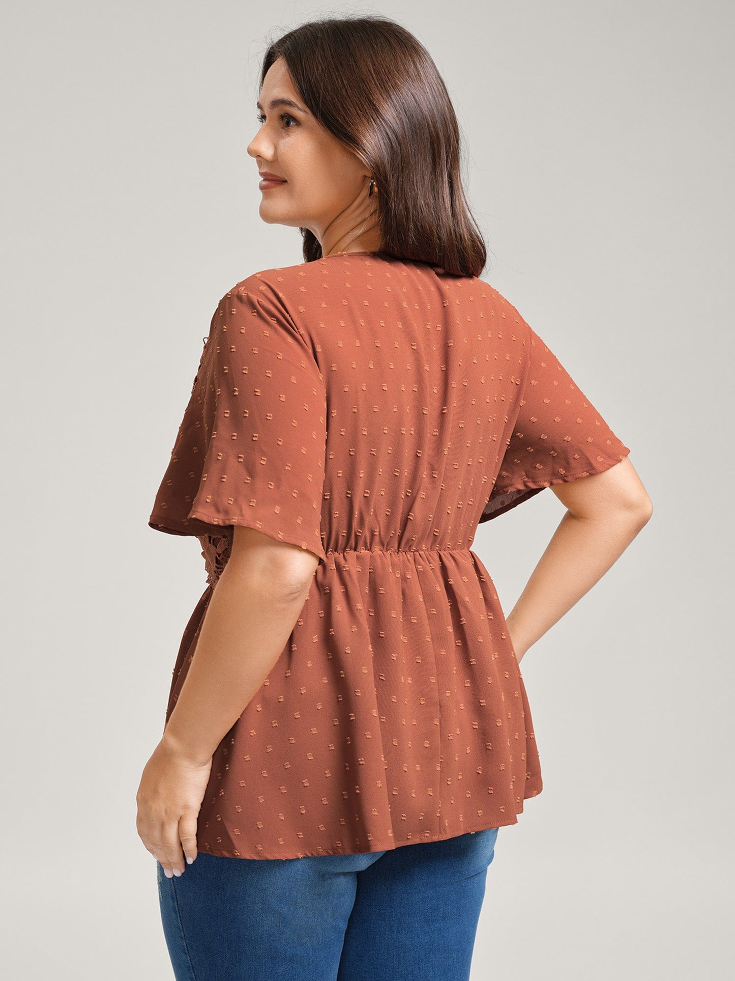 Lace Textured Cinched-Flared Waist Blouse