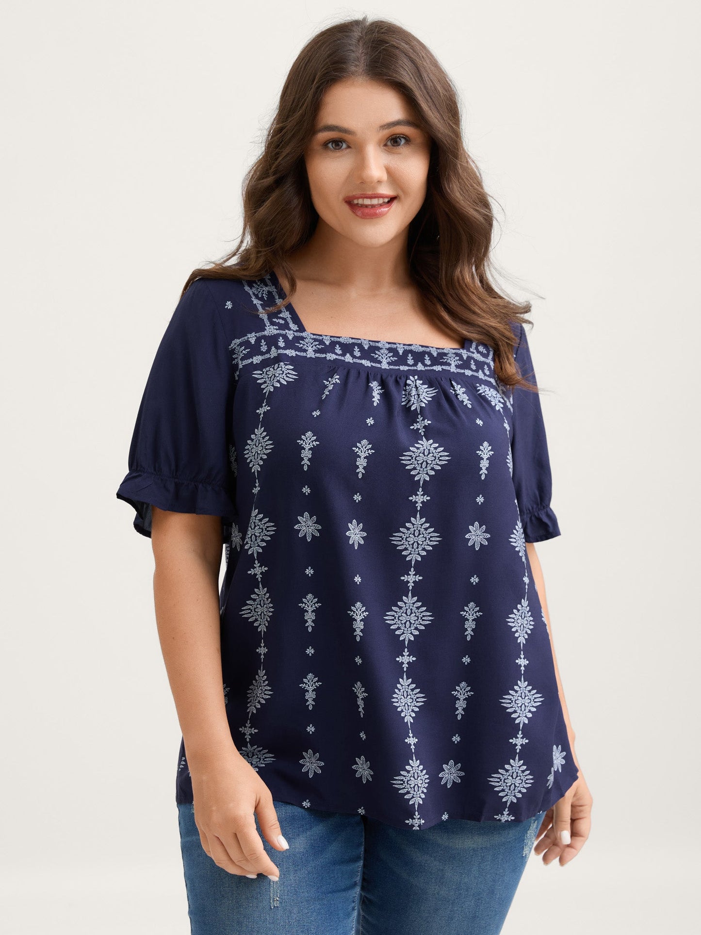 Boho Print Square Neck Blouse