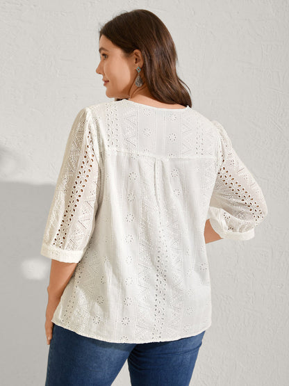 Cotton Eyelet Embroidery V-Neck Blouse