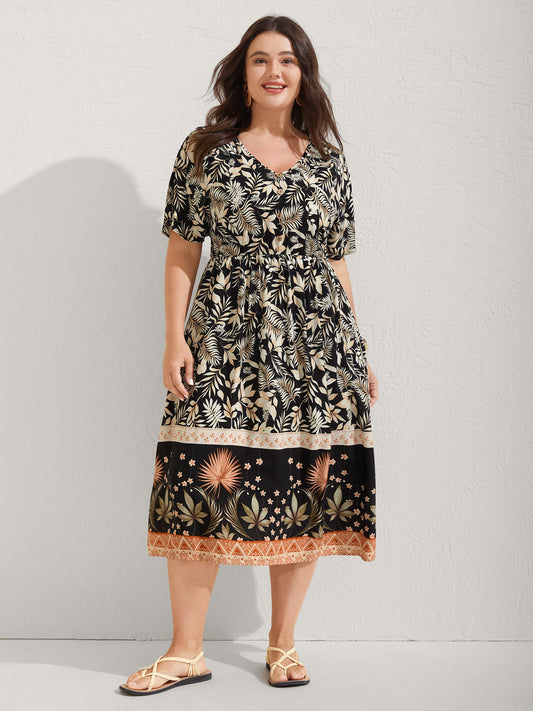 Rayon Floral Print Button Detail Midi Dress