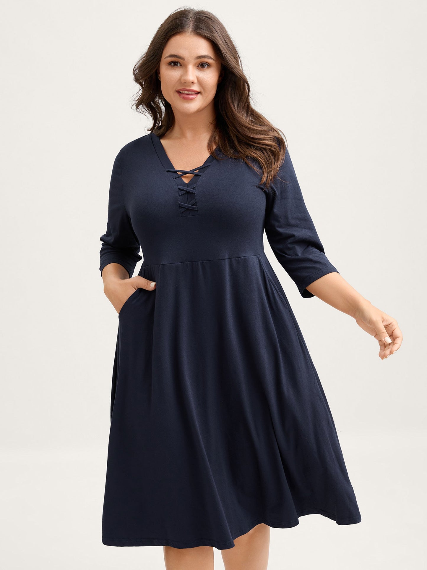 Supersoft Neck Tie-Up Pockets Midi Dress