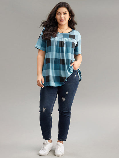 Plaid Round Neck Gathered T-shirt