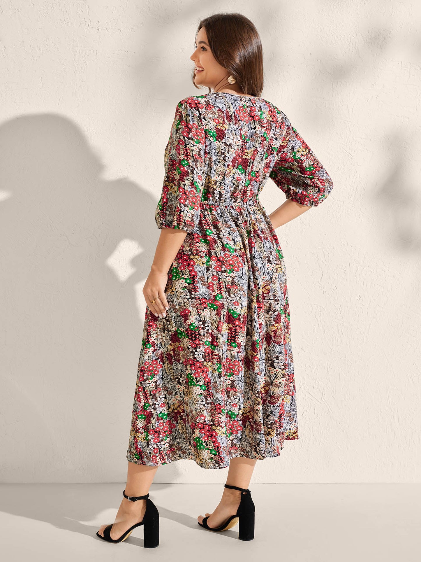 Floral Print Drawstring Waist Pockets Midi Dress