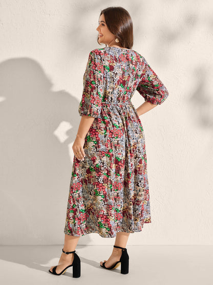 Floral Print Drawstring Waist Pockets Midi Dress