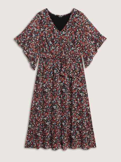 Floral Print Pockets Flared Sleeve Midi Dress