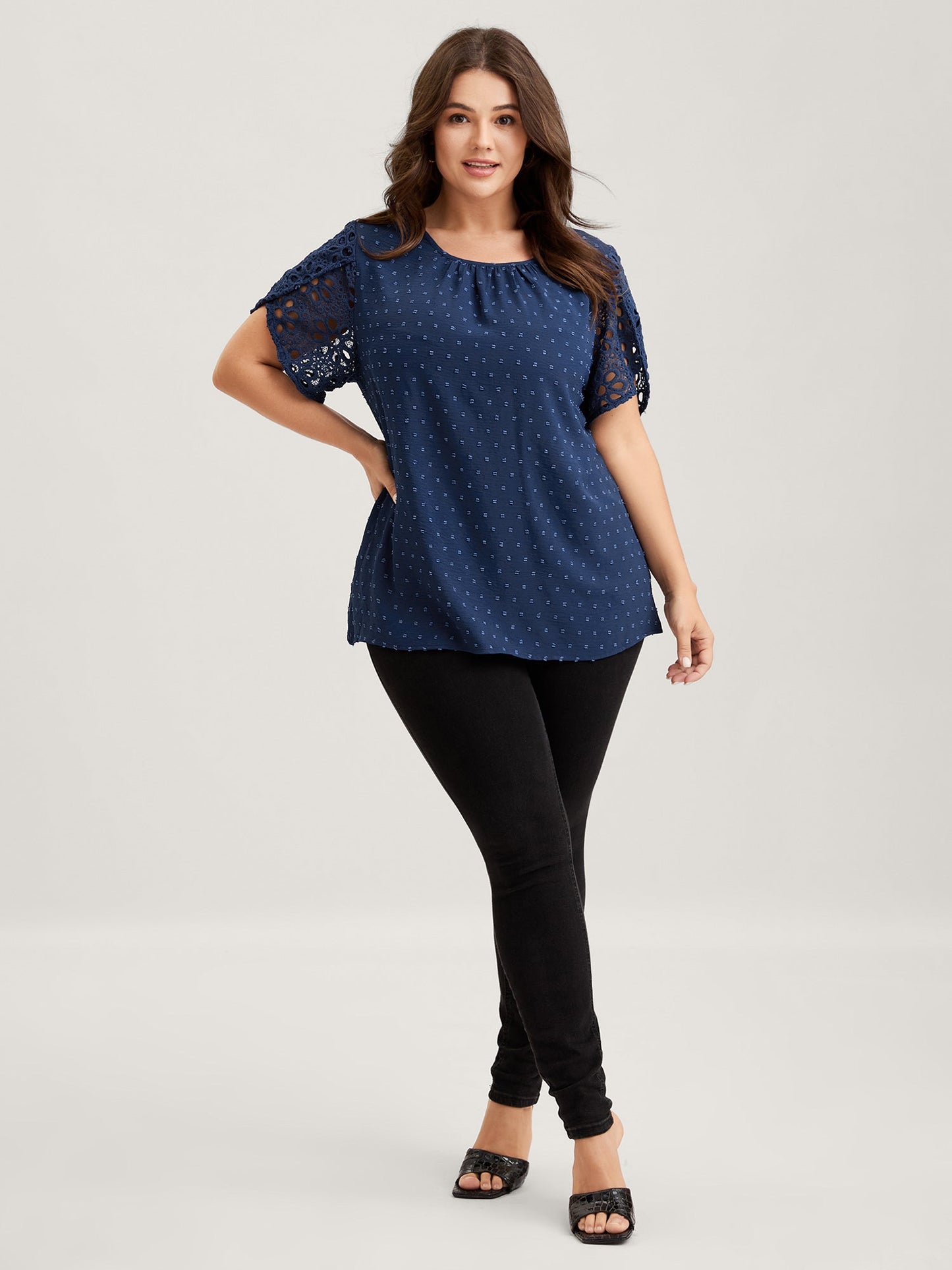 Textured Lace Petal Sleeve Pleated Neck Blouse