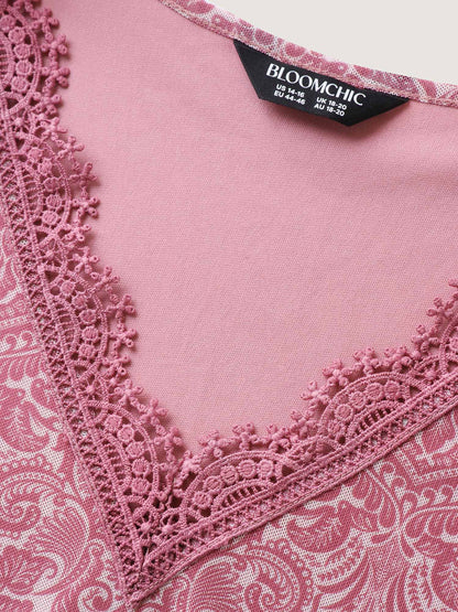Lace V-Neck Ornate Print Knit Top