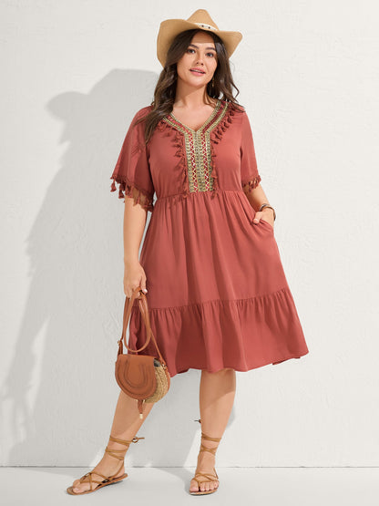 Rayon Stretchy Waist Pockets Midi Dress