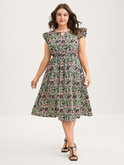 Floral Layered Ruffled Sleeve Midi Dress