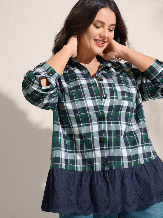 Cotton Embroidery Plaid Spliced Blouse