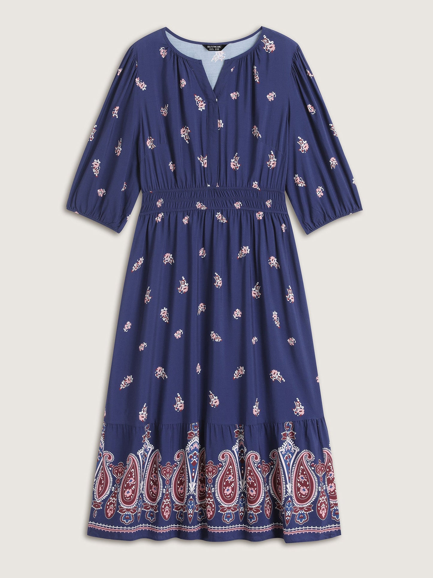 Paisley Print Shirred Waist Midi Dress