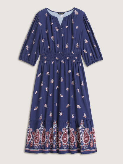 Paisley Print Shirred Waist Midi Dress
